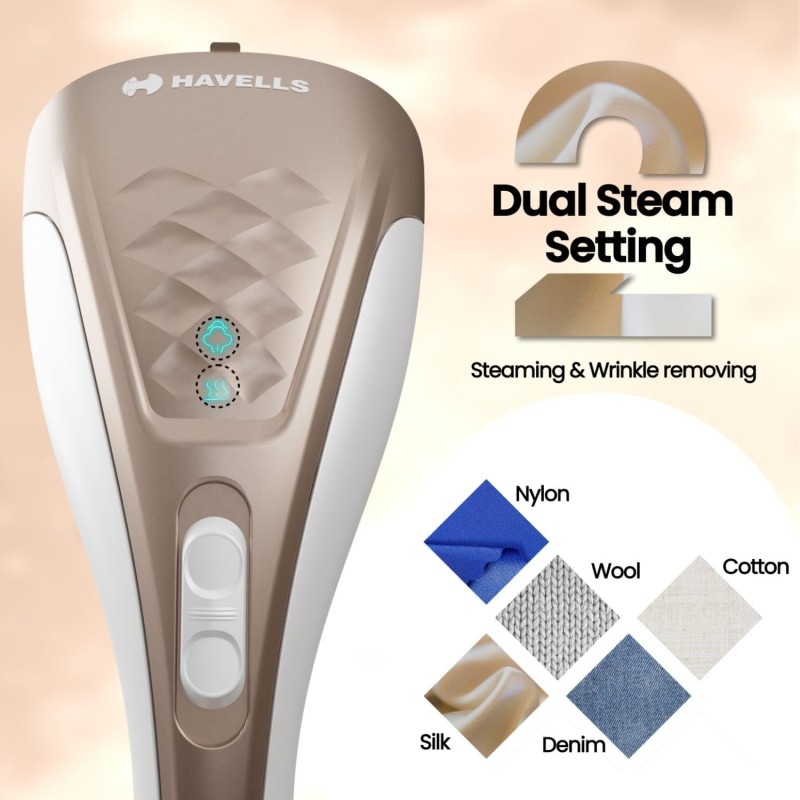 Havells Elegance Hand Held Garment Steamer 1200 Watts - Ergonomic Design,150Ml Tank Capacity, Powerful Steam Setting and 2 Year Warranty (Gold And White)