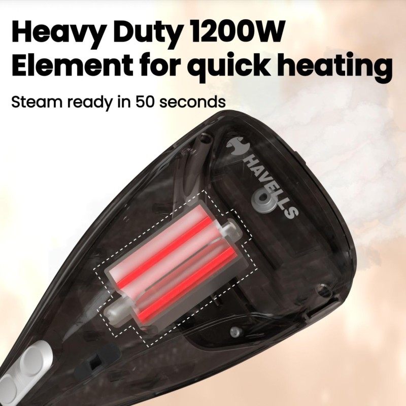 Havells Elegance Hand Held Garment Steamer 1200 Watts - Ergonomic Design,150Ml Tank Capacity, Powerful Steam Setting and 2 Year Warranty (Gold And White)