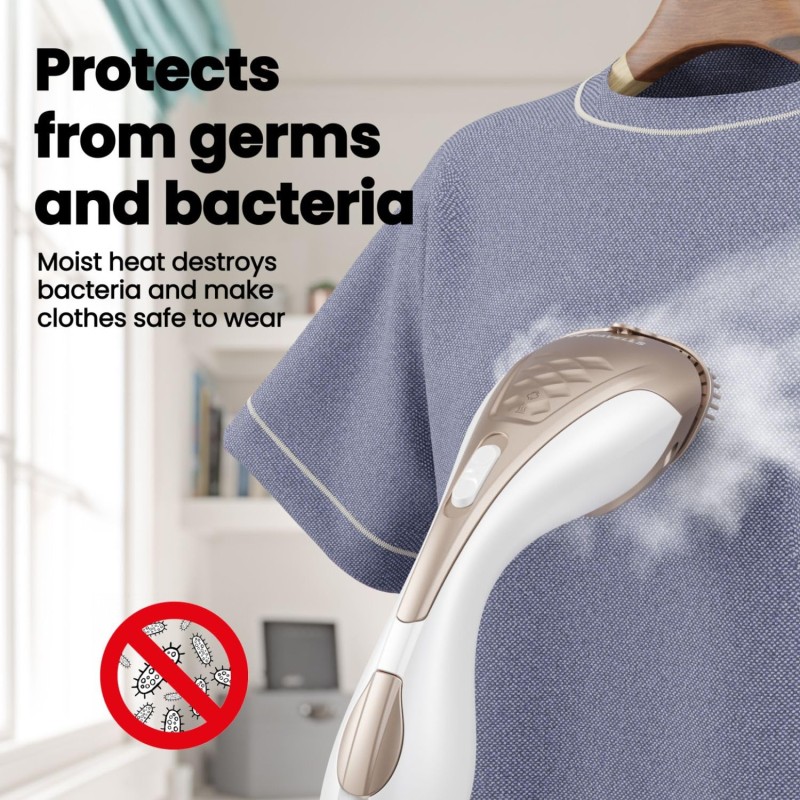 Havells Elegance Hand Held Garment Steamer 1200 Watts - Ergonomic Design,150Ml Tank Capacity, Powerful Steam Setting and 2 Year Warranty (Gold And White)