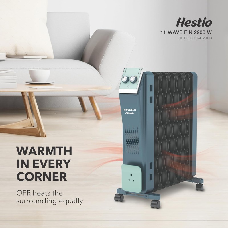 Havells Hestio 11 Wave Fin OFR 2900 Watt with 3 Heat Setting 1000W/1500W/2500W and PTC Heater 400W (Blue and Black)