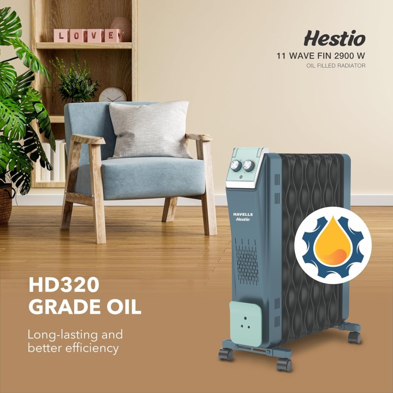 Havells Hestio 11 Wave Fin OFR 2900 Watt with 3 Heat Setting 1000W/1500W/2500W and PTC Heater 400W (Blue and Black)