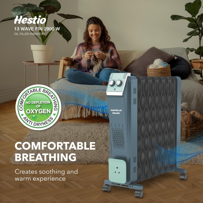 Havells Hestio 13 Wave Fin OFR 2900 Watt with 3 Heat Setting 1000W/1500W/2500W and PTC Heater 400W (Blue and Black)