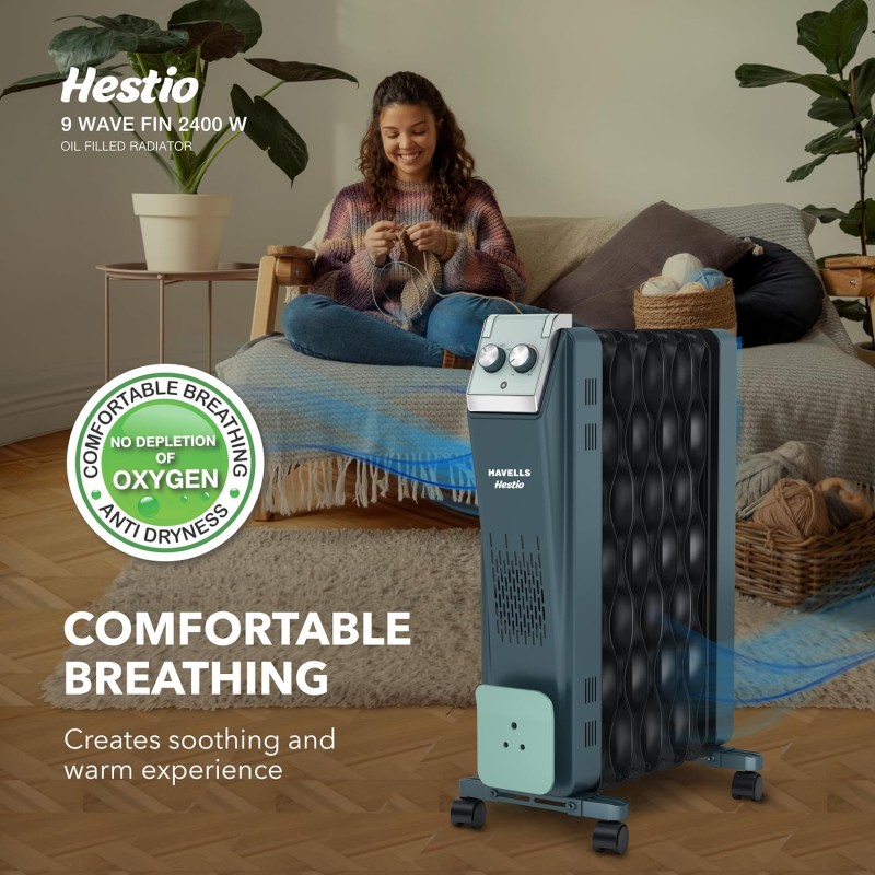 Havells Hestio 9 Wave Fin OFR 2400 Watt with 3 Heat Setting 800W/1200W/2000W and PTC Heater 400W (Blue and Black)