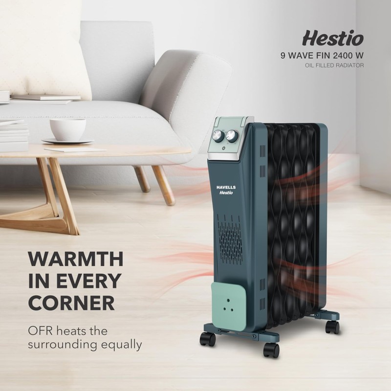 Havells Hestio 9 Wave Fin OFR 2400 Watt with 3 Heat Setting 800W/1200W/2000W and PTC Heater 400W (Blue and Black)