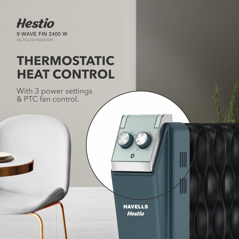 Havells Hestio 9 Wave Fin OFR 2400 Watt with 3 Heat Setting 800W/1200W/2000W and PTC Heater 400W (Blue and Black)