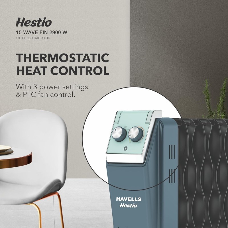 Havells Hestio 15 Wave Fin OFR 2900 Watt with 3 Heat Setting 1000W/1500W/2500W and PTC Heater 400W (Blue and Black)