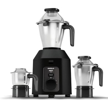 Havells Hexo Plus1100 watts 3 Jar Mixer Grinder I 2.5 Kg Double Ball Bearing Copper Motor I 22000 RPM I 100 Minutes Run Time I Metal Teeth Coupler & Jar Base I Black