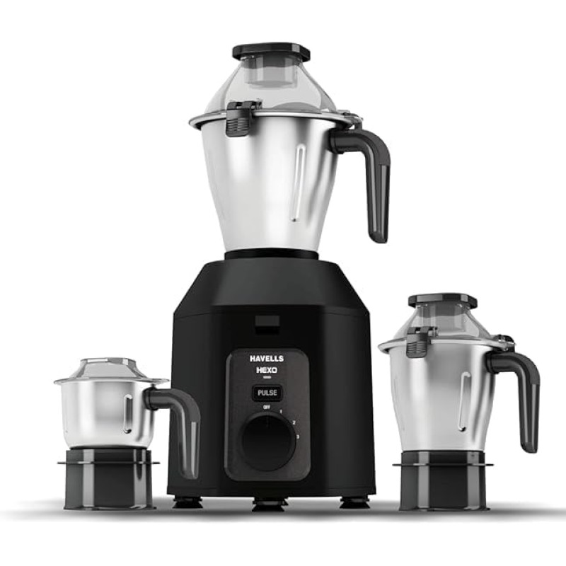 Havells Hexo Plus1100 watts 3 Jar Mixer Grinder I 2.5 Kg Double Ball Bearing Copper Motor I 22000 RPM I 100 Minutes Run Time I Metal Teeth Coupler and Jar Base I Black