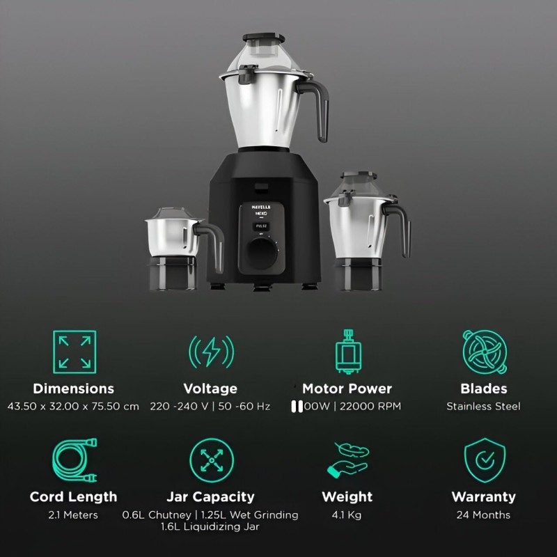 Havells Hexo Plus1100 watts 3 Jar Mixer Grinder I 2.5 Kg Double Ball Bearing Copper Motor I 22000 RPM I 100 Minutes Run Time I Metal Teeth Coupler and Jar Base I Black