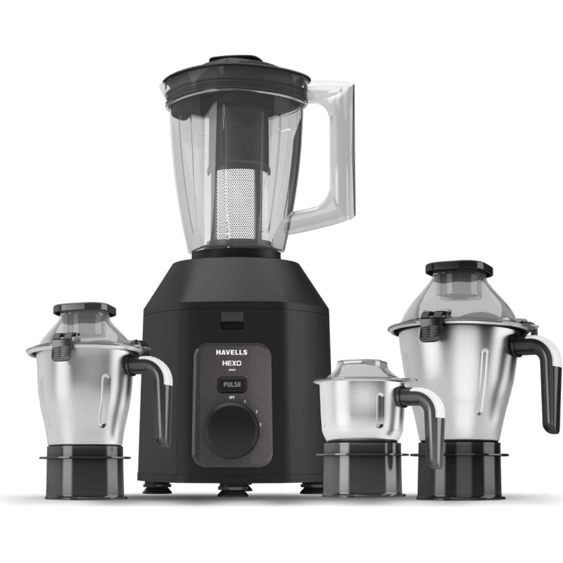 Havells HexoPlus 1100 watts 4 Jar Mixer Grinder I 2.5 Kg Double Ball Bearing Copper Motor I 22000 RPM I 100 Minutes Run Time I Metal Teeth Coupler and Jar Base I Polycarbonate Jar, Lids with Lock(black)