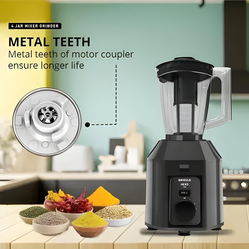 Havells HexoPlus 1100 watts 4 Jar Mixer Grinder I 2.5 Kg Double Ball Bearing Copper Motor I 22000 RPM I 100 Minutes Run Time I Metal Teeth Coupler and Jar Base I Polycarbonate Jar, Lids with Lock(black)