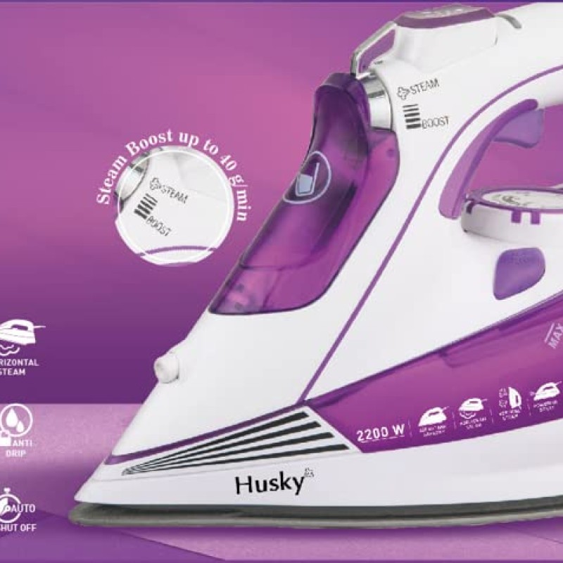 Havells Plastic Husky 2200 W Steam Iron With Auto Shut Off, Steam Boost, Vertical, Horizontal Ironing, Anti Drip, Self-Cleaning and Anti Calc Technology. (Purple), 2200 Watts
