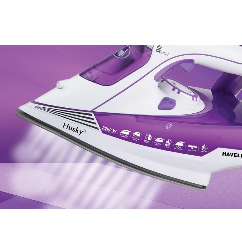 Havells Plastic Husky 2200 W Steam Iron With Auto Shut Off, Steam Boost, Vertical, Horizontal Ironing, Anti Drip, Self-Cleaning and Anti Calc Technology. (Purple), 2200 Watts