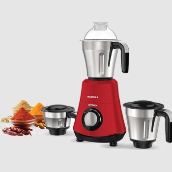 Havells Hydro 750 watt Mixer Grinder with 3 Wider mouth Stainless Steel Jar, Hands Free operation, SS-304 Grade Blade & 5 year motor warranty (RED) Havells Hydro 750 watt Mixer Grinder with 3 Wider mouth Stainless Steel Jar, Hands Free operation, SS-304 Grade Blade & 5 year motor warranty (RED)