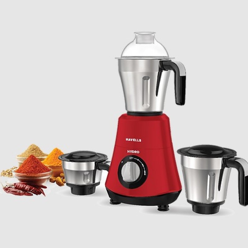 Havells Hydro 750 watt Mixer Grinder with 3 Wider mouth Stainless Steel Jar, Hands Free operation, SS-304 Grade Blade and 5 year motor warranty (RED)