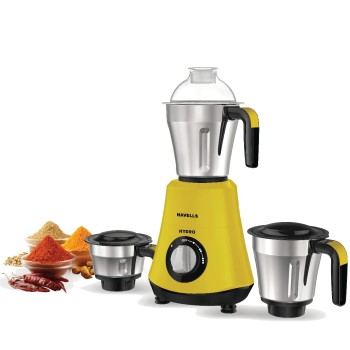 Havells Hydro 750 watt Mixer Grinder with 3 Wider mouth Stainless Steel Jar, Hands Free operation, SS-304 Grade Blade and 5 year motor warranty (Yellow)