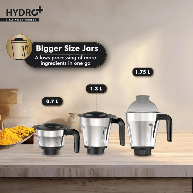 Havells Hydro Plus 1000 watt 3 Jar Mixer Grinder with Ball Bearing Motor, 22000 RPM, Wider mouth Stainless Steel Jar, Hands Free operation, SS-304 Grade Blade and 2 Yr Manufacturer Warranty