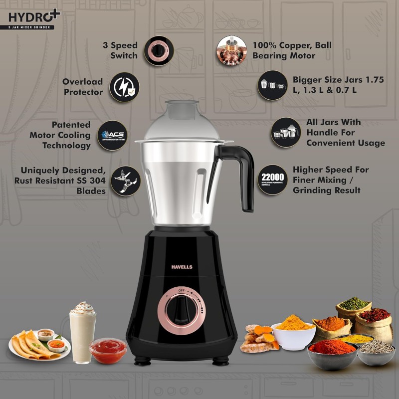 Havells Hydro Plus 1000 watt 3 Jar Mixer Grinder with Ball Bearing Motor, 22000 RPM, Wider mouth Stainless Steel Jar, Hands Free operation, SS-304 Grade Blade and 2 Yr Manufacturer Warranty