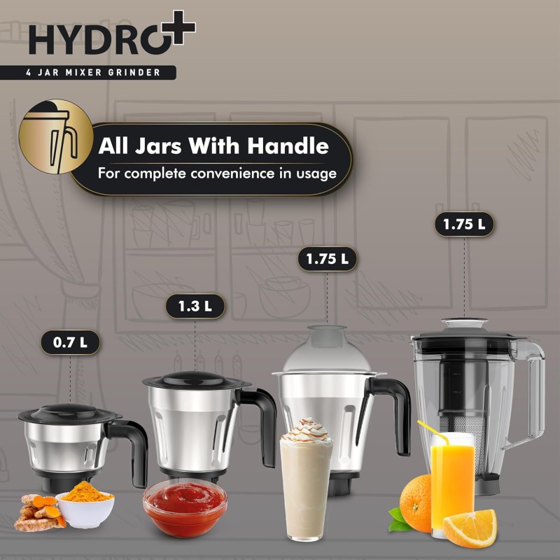 Havells Hydro Plus 1000 watt 4 Jar Mixer Grinder with Ball Bearing Motor, 22000 RPM, Wider mouth Stainless Steel Jar, Hands Free operation, SS-304 Grade Blade and 2 Yr Manufacturer Warranty