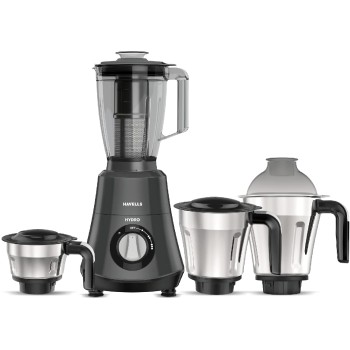 Havells Hydro 750 watt Mixer Grinder with 4 jar Wider mouth Stainless Steel Jar, Hands Free operation, SS-304 Grade Blade and 5 year motor warranty (black) Havells Hydro 750 watt Mixer Grinder with 4 jar Wider mouth Stainless Steel Jar, Hands Free operation, SS-304 Grade Blade and 5 year motor warranty (black)