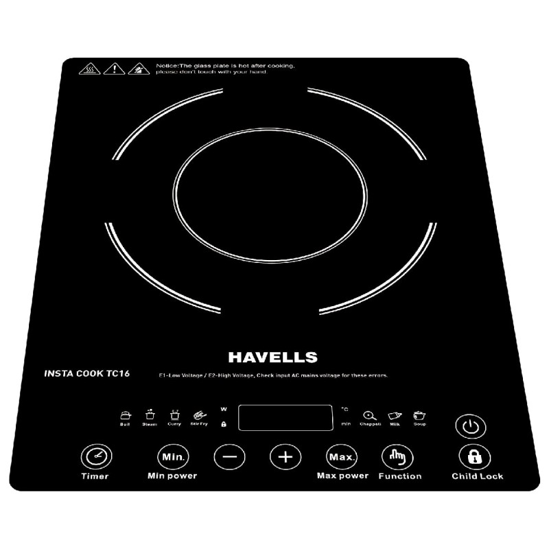 Havells Insta Cook Tc 16 Energy Efficent Induction (Black), 1600Watt, with 7 Cooking Option, Auto Pan Detection Sensor and 3 Year Coil Warranty, Tempered Glass