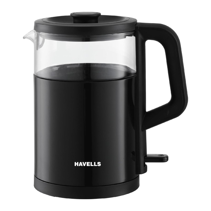 Havells MARINO Low Noise Glass Electric Kettle 1L|1200W Borosilicate Glass inner and Cool Touch Outer Body| Detachable LID|304 Rust Resistant SS Base|2 Yr Manufacturer Warranty (Black)