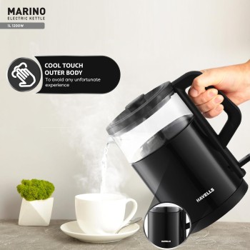 Havells MARINO Low Noise Glass Electric Kettle 1L|1200W Borosilicate Glass inner and Cool Touch Outer Body| Detachable LID|304 Rust Resistant SS Base|2 Yr Manufacturer Warranty (Black) Havells MARINO Low Noise Glass Electric Kettle 1L|1200W Borosilicate Glass inner and Cool Touch Outer Body| Detachable LID|304 Rust Resistant SS Base|2 Yr Manufacturer Warranty (Black)