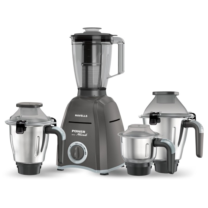 Havells Power Hunk (4 Jar) 800 watt Mixer Grinder with 3 Wider mouth Stainless Steel Jar, Hands Free operation, SS-304 Grade Blade and 7 year motor warranty (Grey)