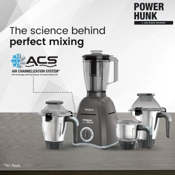 Havells Power Hunk (4 Jar) 800 watt Mixer Grinder with 3 Wider mouth Stainless Steel Jar, Hands Free operation, SS-304 Grade Blade and 7 year motor warranty (Grey) Havells Power Hunk (4 Jar) 800 watt Mixer Grinder with 3 Wider mouth Stainless Steel Jar, Hands Free operation, SS-304 Grade Blade and 7 year motor warranty (Grey)