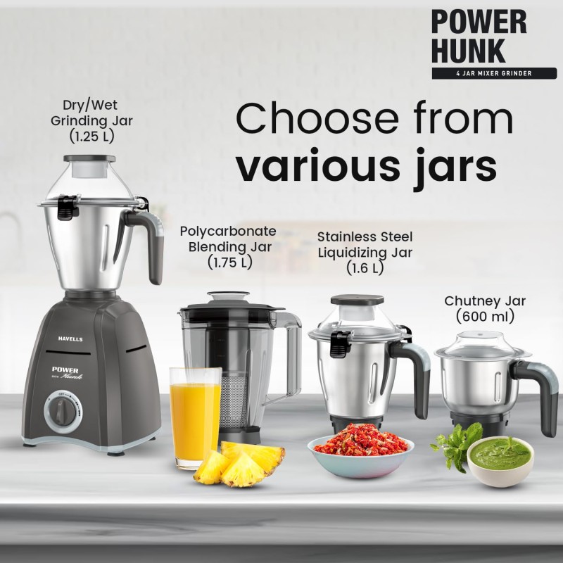 Havells Power Hunk (4 Jar) 800 watt Mixer Grinder with 3 Wider mouth Stainless Steel Jar, Hands Free operation, SS-304 Grade Blade and 7 year motor warranty (Grey)