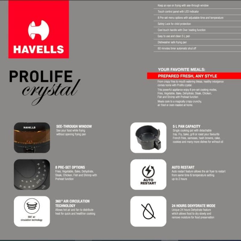Havells Air Fryer Prolife Crystal | See-Through Window | 85% Less Oil | 5L Pan | 8 Presets Menu | Auto Restart | Touch Screen | Digital Display |Dehydrator Mode | 1500 Watt and 2 Year Warranty, 5 Liter