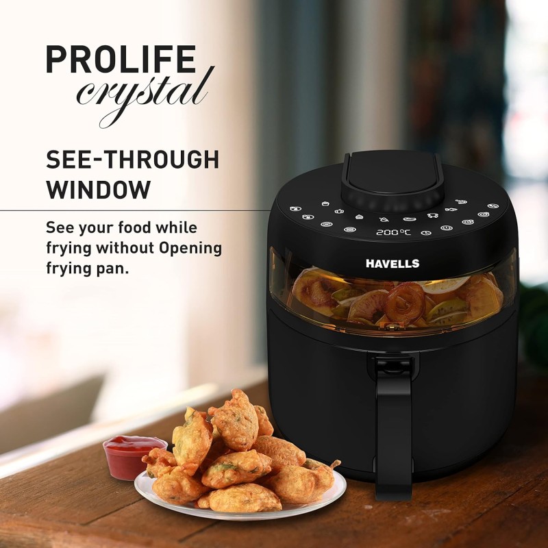 Havells Air Fryer Prolife Crystal | See-Through Window | 85% Less Oil | 5L Pan | 8 Presets Menu | Auto Restart | Touch Screen | Digital Display |Dehydrator Mode | 1500 Watt and 2 Year Warranty, 5 Liter