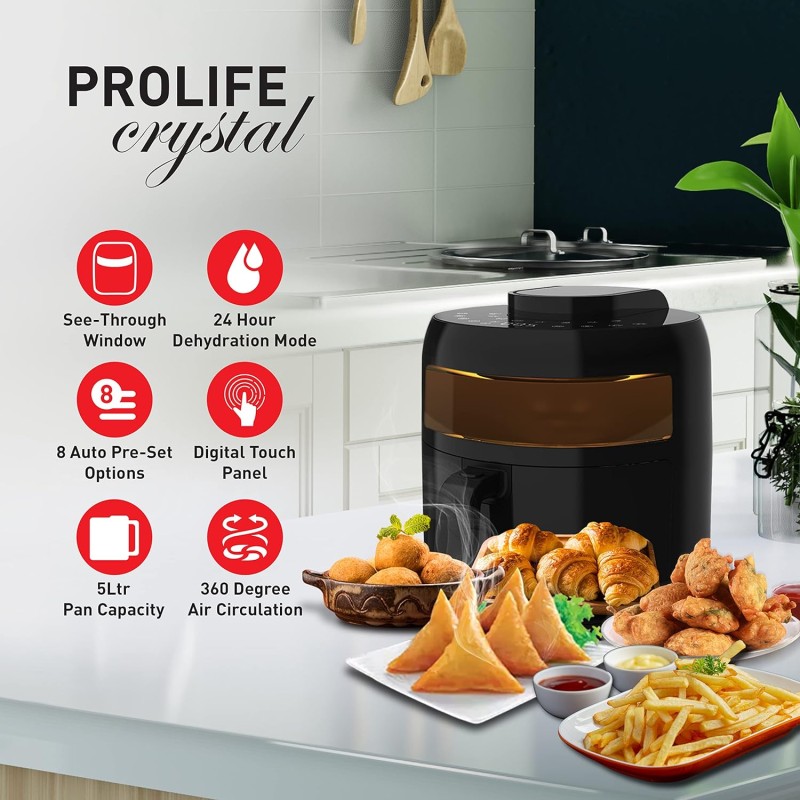 Havells Air Fryer Prolife Crystal | See-Through Window | 85% Less Oil | 5L Pan | 8 Presets Menu | Auto Restart | Touch Screen | Digital Display |Dehydrator Mode | 1500 Watt and 2 Year Warranty, 5 Liter