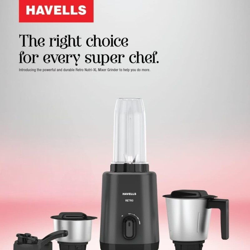 Havells Retro Nutri-Xl 500 Watts 3 Jar Mixer Grinder|21000Rpm| RoHS Complaint | 600Ml Nutri Jar with Sipper Lid | 1L Dry/Wet Grinding Jar |2Yr Product and 5Yr Motor Manufacturer Warranty (Black)