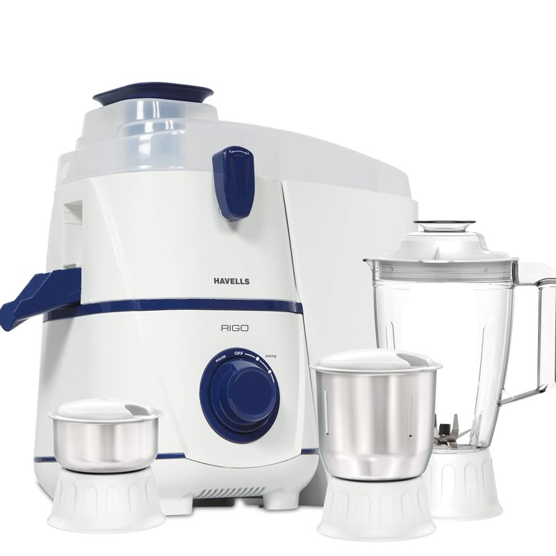 Havells RIGO Juicer Mixer Grinder, 500W, 3 Jars (White, Dark Blue)
