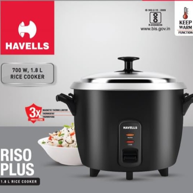 HAVELLS RISO Plus 1.8 L 2 Bowl Rice Cooker, 700 W, 1.8L,3 X Protection, 1 mm Thick 2 inner bowl, SS 304 stainless steel Lid(Black)