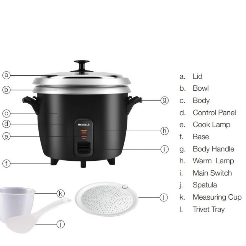 HAVELLS RISO Plus 1.8 L 2 Bowl Rice Cooker, 700 W, 1.8L,3 X Protection, 1 mm Thick 2 inner bowl, SS 304 stainless steel Lid(Black)