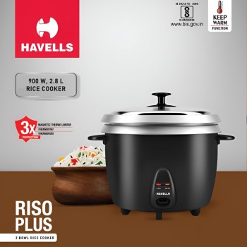 HAVELLS RISO Plus 2.8 L 2 Bowl Rice Cooker| 900 W | Indicator Light |3 X Protection | 1 mm Thick 2 inner bowl | SS 304 stainless steel Lid | Cook and Warm function| Drum shape model(Black)