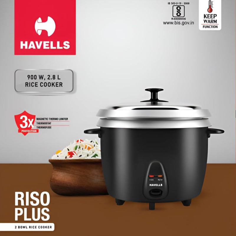 HAVELLS RISO Plus 2.8 L 2 Bowl Rice Cooker| 900 W | Indicator Light |3 X Protection | 1 mm Thick 2 inner bowl | SS 304 stainless steel Lid | Cook and Warm function| Drum shape model(Black)