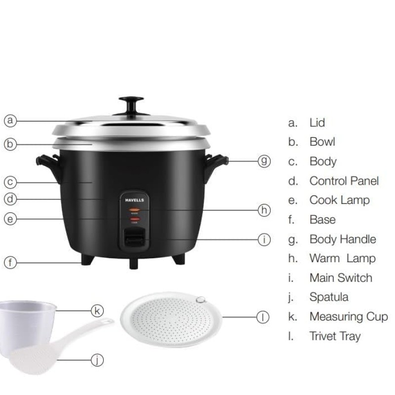 HAVELLS RISO Plus 2.8 L 2 Bowl Rice Cooker| 900 W | Indicator Light |3 X Protection | 1 mm Thick 2 inner bowl | SS 304 stainless steel Lid | Cook and Warm function| Drum shape model(Black)
