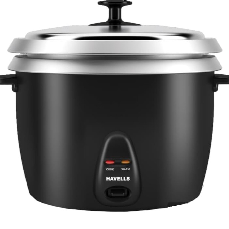 HAVELLS RISO Plus 2.8 L 2 Bowl Rice Cooker| 900 W | Indicator Light |3 X Protection | 1 mm Thick 2 inner bowl | SS 304 stainless steel Lid | Cook and Warm function| Drum shape model(Black)