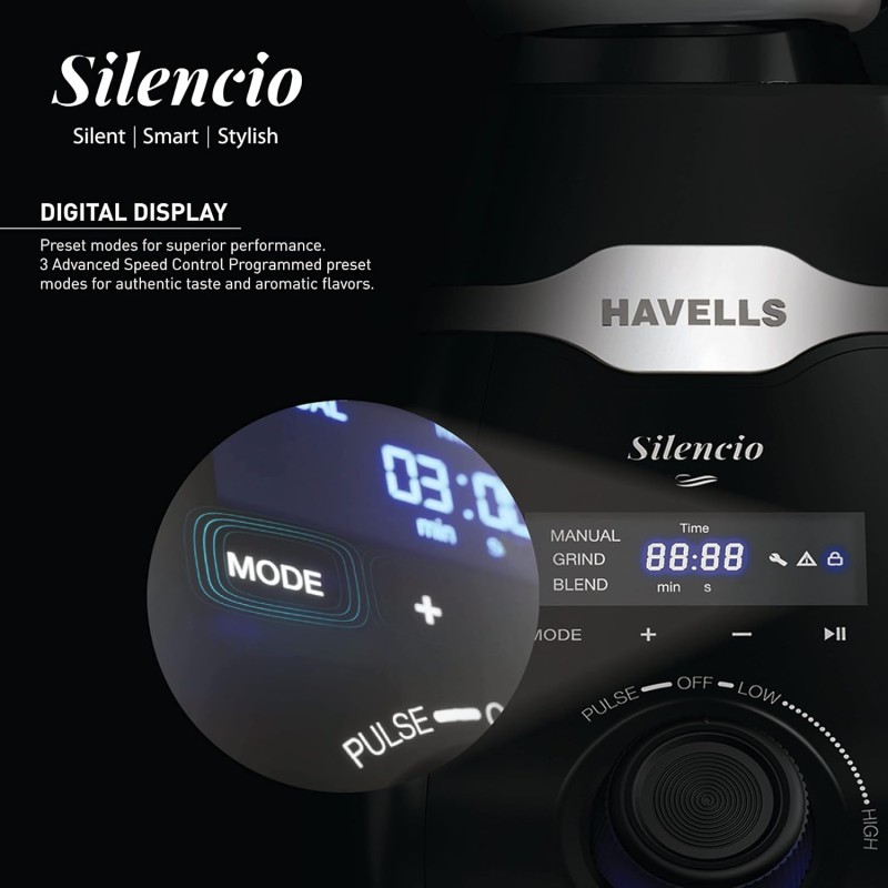 Havells Mixer Grinder Silencio | Powerful HVDC Motor |Hands Free Operation | Triple Safety Protection | Double Layered Jars | Smart Digital Control | 5 Year Motor Warranty � 3 Jar (Black)