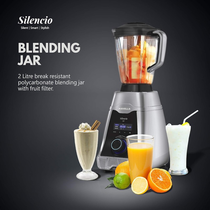 Havells Silencio Lowest Noise 4 Jar Mixer Grinder with HVDC Technology, Slow Speed Grinding, Double Layer Insulated Steel Jar, LED Display/Pre-Set Options and Hands free operation (Grey Black)500 Watts