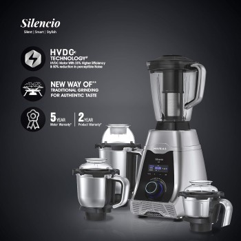 Havells Silencio Lowest Noise 4 Jar Mixer Grinder with HVDC Technology, Slow Speed Grinding, Double Layer Insulated Steel Jar, LED Display/Pre-Set Options and Hands free operation (Grey Black)500 Watts