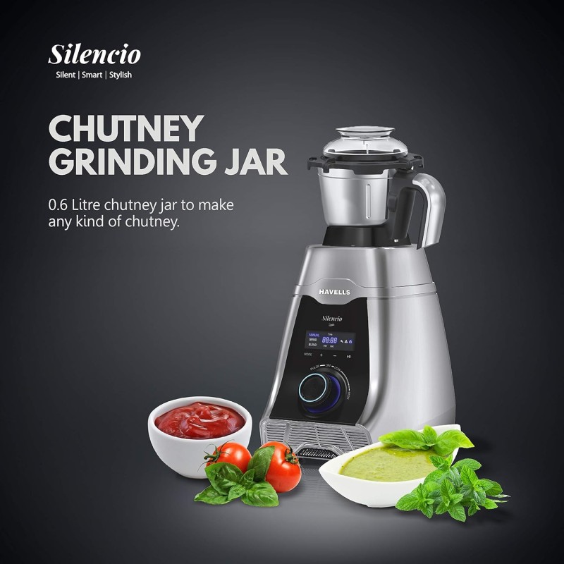 Havells Silencio Lowest Noise 4 Jar Mixer Grinder with HVDC Technology, Slow Speed Grinding, Double Layer Insulated Steel Jar, LED Display/Pre-Set Options and Hands free operation (Grey Black)500 Watts