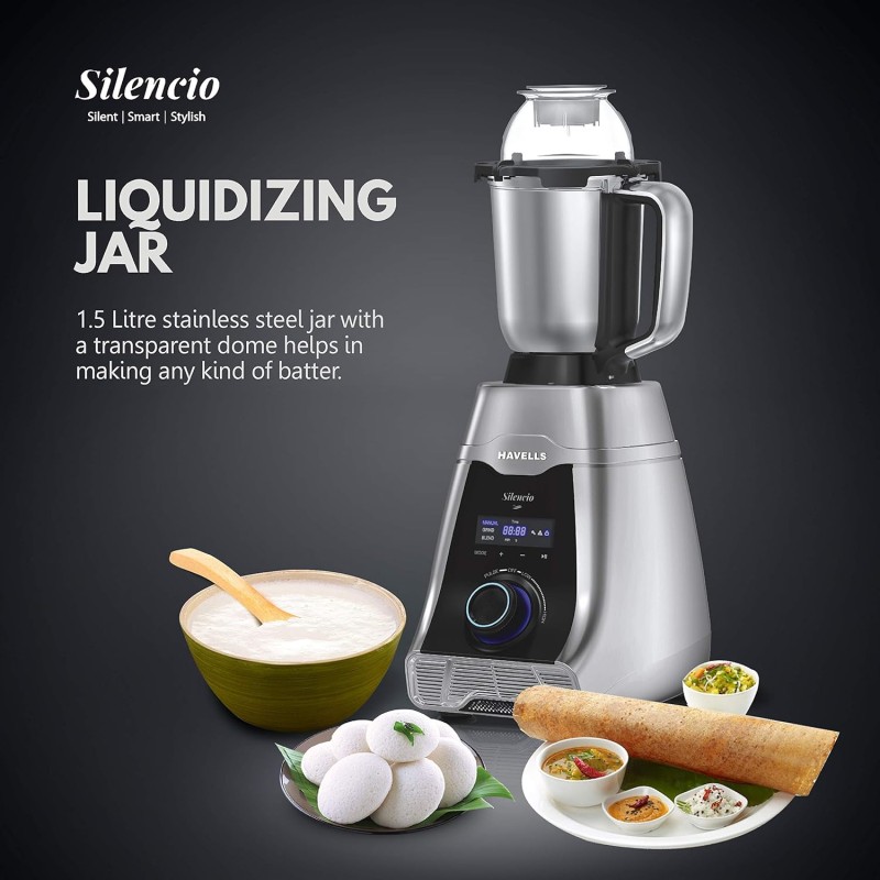 Havells Silencio Lowest Noise 4 Jar Mixer Grinder with HVDC Technology, Slow Speed Grinding, Double Layer Insulated Steel Jar, LED Display/Pre-Set Options and Hands free operation (Grey Black)500 Watts