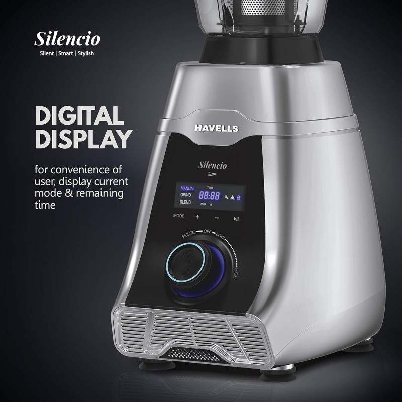 Havells Silencio Lowest Noise 4 Jar Mixer Grinder with HVDC Technology, Slow Speed Grinding, Double Layer Insulated Steel Jar, LED Display/Pre-Set Options and Hands free operation (Grey Black)500 Watts