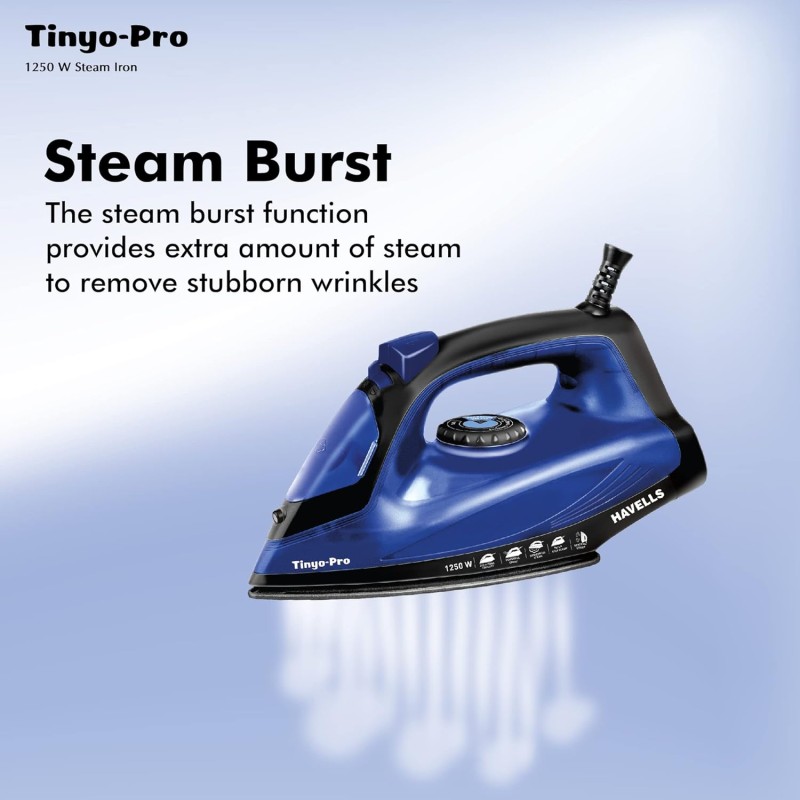  Havells Tinyo Pro 1250 Watt Steam Iron Press with Powerfull Steam Spray | Horizontal & Vertical Steaming Function | Self Clean | 2 Years Warranty (Blue) 