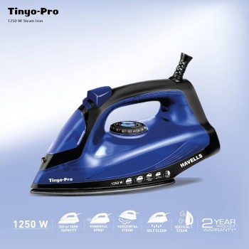  Havells Tinyo Pro 1250 Watt Steam Iron Press with Powerfull Steam Spray | Horizontal & Vertical Steaming Function | Self Clean | 2 Years Warranty (Blue) 
