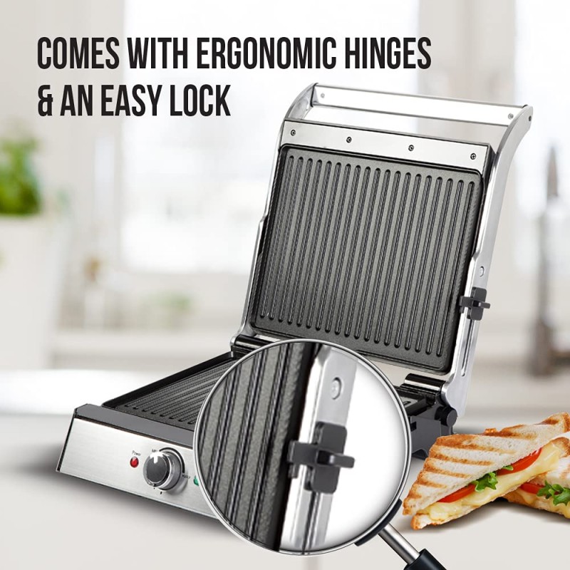Havells Toastino 4 Slice Grill and Bbq Timer With Dual Function-Sandwich Maker and Griller | Non Stick Coated Grill Plates | 180 Degree Open Grill | Temperature Control | Stainless Steel |, 2000 Watts